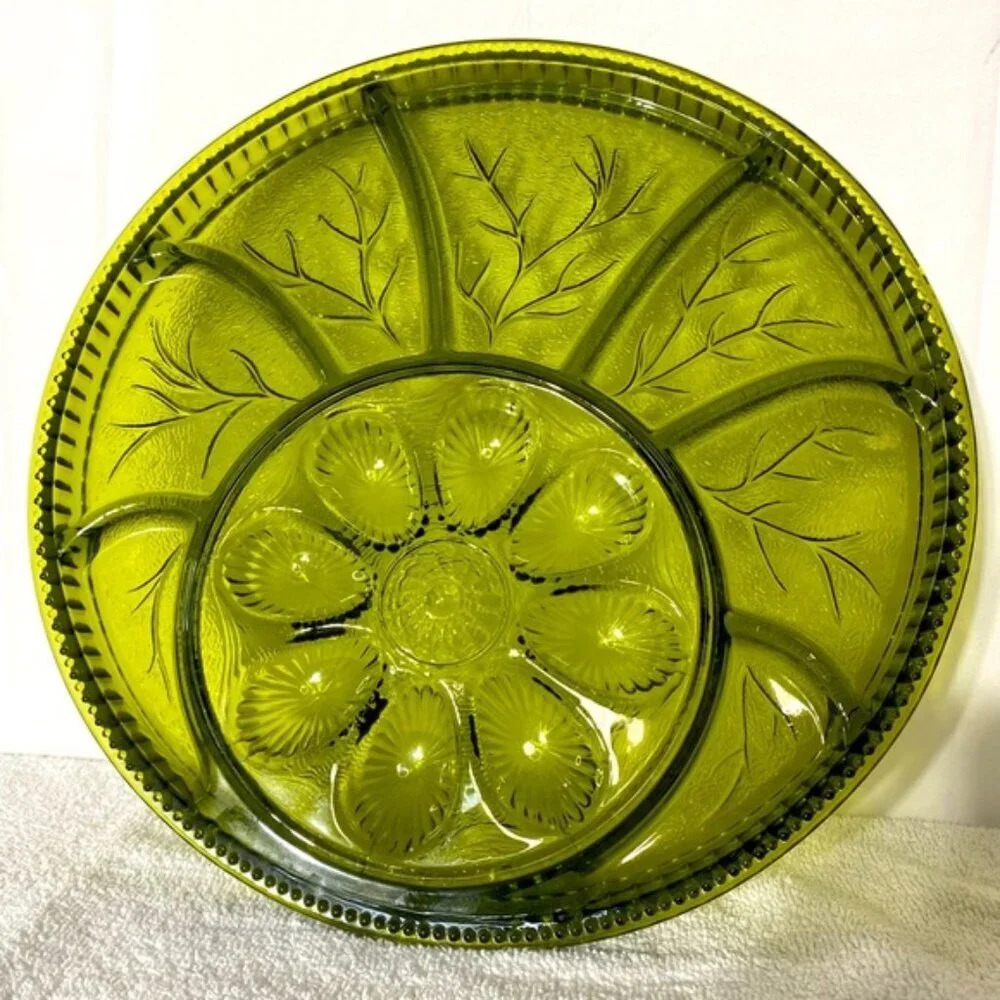 Vintage Indiana Avocado Green Glass Round Relish Deviled Egg Tray Platter